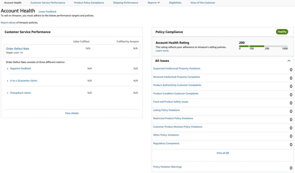 A screenshot of the Amazon Account Health dashboard